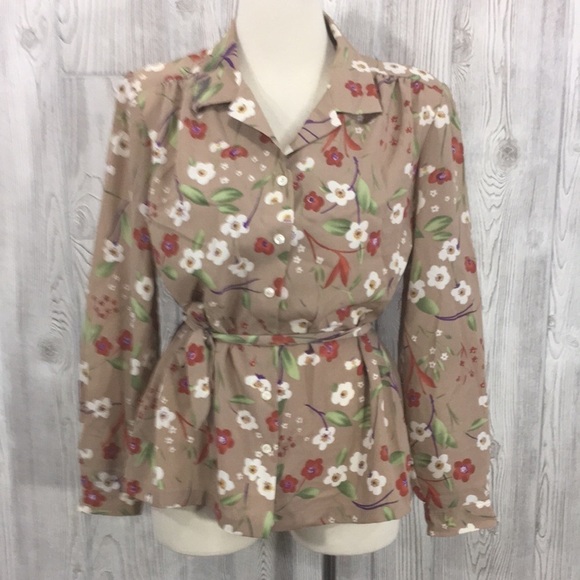 Vintage Frayne Blouse Floral Beige With Tie At Waist - Picture 1 of 11